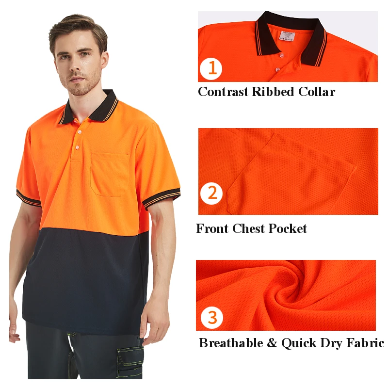 Hi Vis 로고 인쇄가있는 남성용 투톤 셔츠 노란색 해군 빠른 건조 안전 반사 셔츠 자동차 오토바이 용 작업복