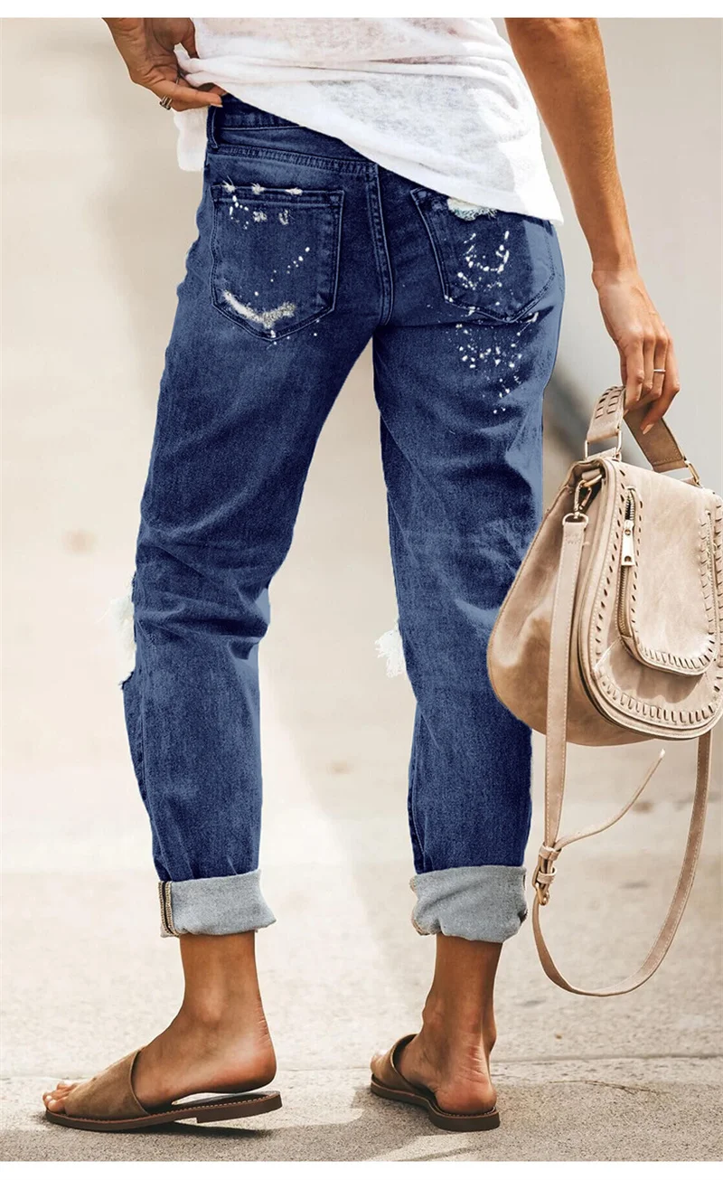 Fashion Summer Broken Holes Straight Denim Pants Women Washable Street American Style Vintage Jeans Mid Waist Button Trousers 22