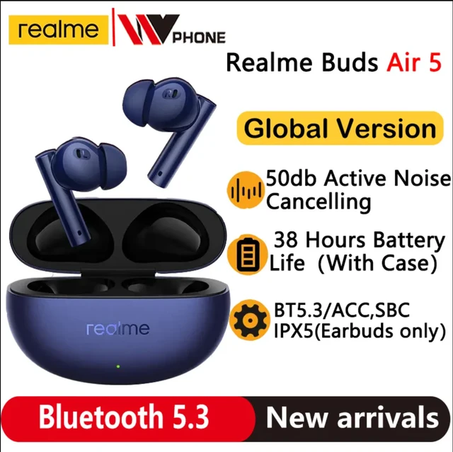 Realme-auriculares Buds Air 5 versión Global, dispositivo de audio TWS,  50dB, cancelación activa de ruido