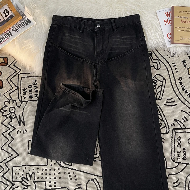 

American Casual Denim Pants Solid Color Retro Wide Leg Straight Mid Waist Pockets Bottoms Loose Fit Jeans Men Trousers C47