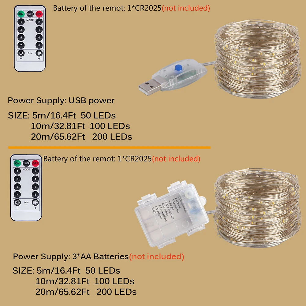 LED 구리 와이어 스트링 조명, USB 배터리 전원, 요정 조명, 화환, 캠핑 가든 파티 웨딩 크리스마스 장식
