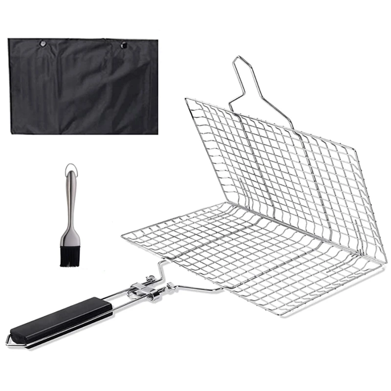 

Barbecue Grilling Basket, Portable Stainless Steel Grill Basket Folding BBQ Grill Net BBQ Accessories With Wooden Handle