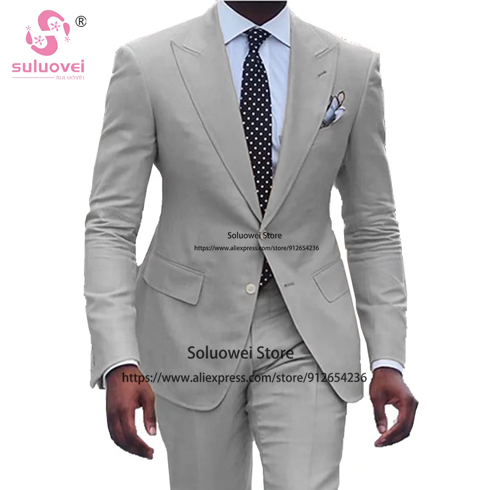 Fashion Solid Slim Fit Suits For Men Business 2 Piece Jacket Pants Set Grooms Wedding Peaked Lapel Tuxedos Costume Homme Mariage