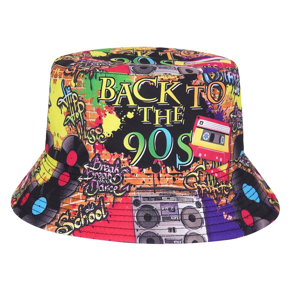 Nový 80's 90's tisk léto slunce ochrana kbelík klobouky pro ženy muž móda luxusní rybář čepice boky chmel panama čepice boba slunce čepice