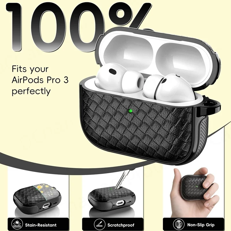 Woven Leather Texture Headphone Case with Lanyard, Non-Slip Earbuds Holder