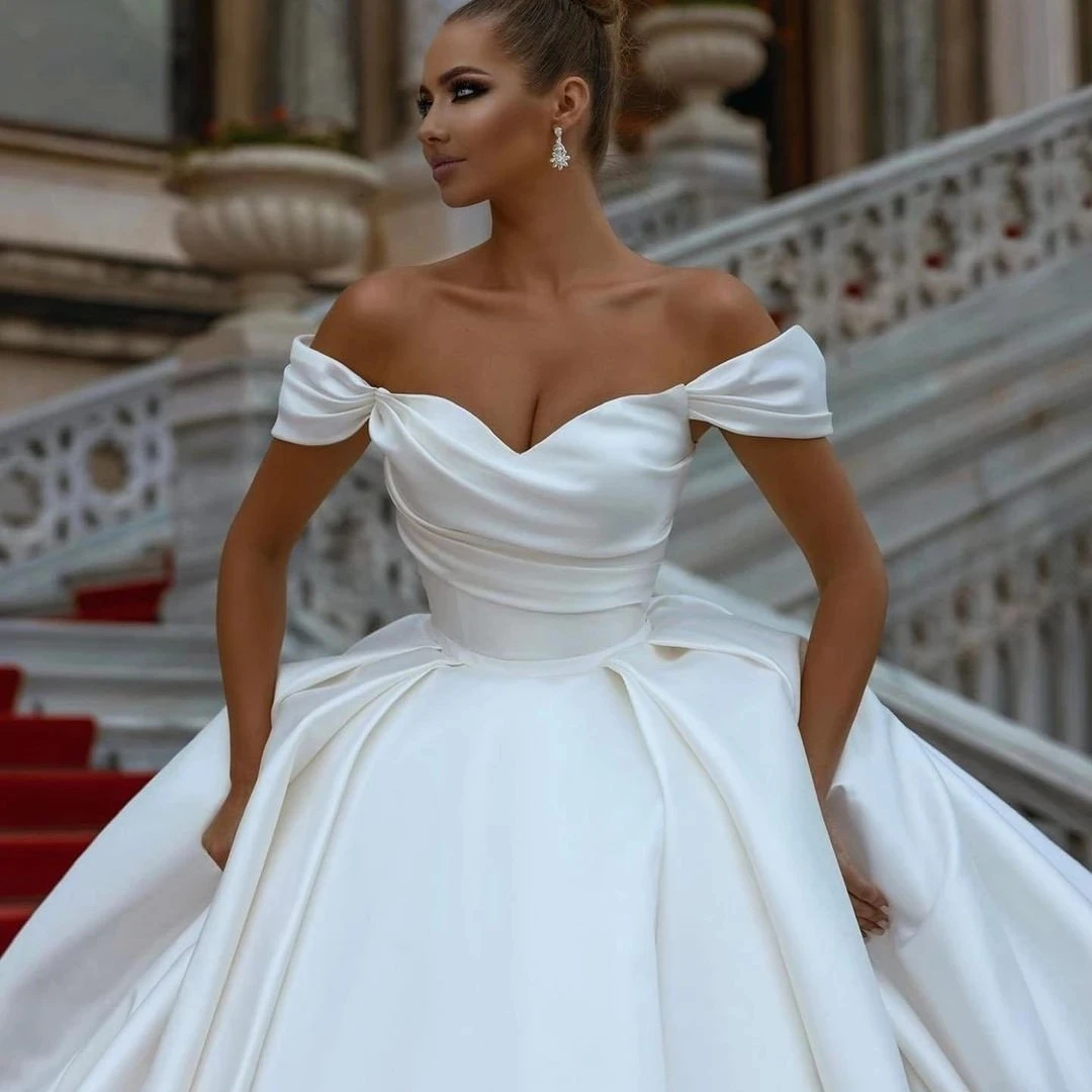 2023 sexy pryč bedra svatební šaty satén lvory  a-line plisované jednoduchý kněžna svatební gowns vestidos de novia formální večírek