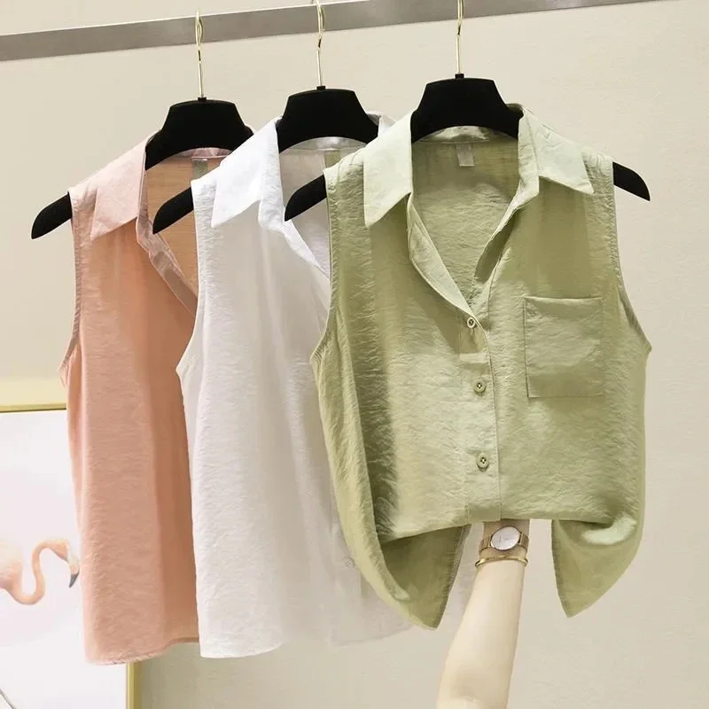 

Однотонный Повседневный однобортный жилет-поло без рукавов, Свободная Женская блузка, рубашка, корейская мода, женская одежда, топы V1452