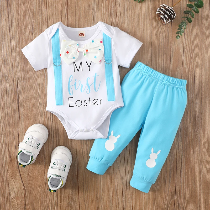 

Baby Boy Easter Outfit My First Easter Short Sleeve Crewneck Romper Bunny Pants Infant Easter Clothes 2Pcs