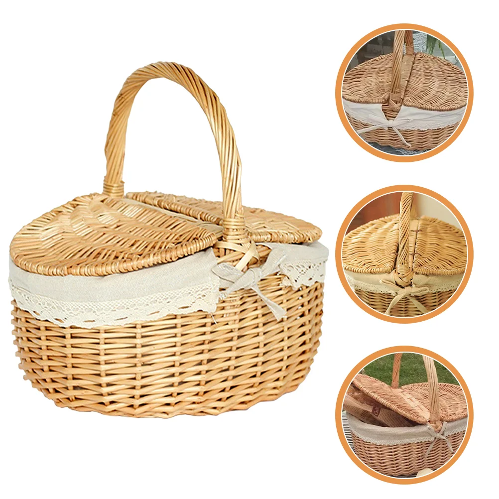 

Storage Basket Wicker Basket Egg Gathering Picnic Fruit Bread Breakfast Basket with Lid Portable Outdoor Camping Storage