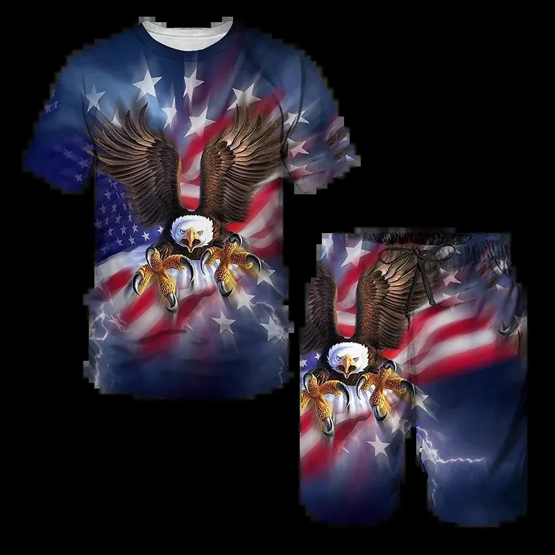 Men Two Piece Set Summer New Men's T-shirt shorts Eagle USA Flag set 3D Print Two-piece set Leisure Fashion Short Sleeve Full Set of Clothing