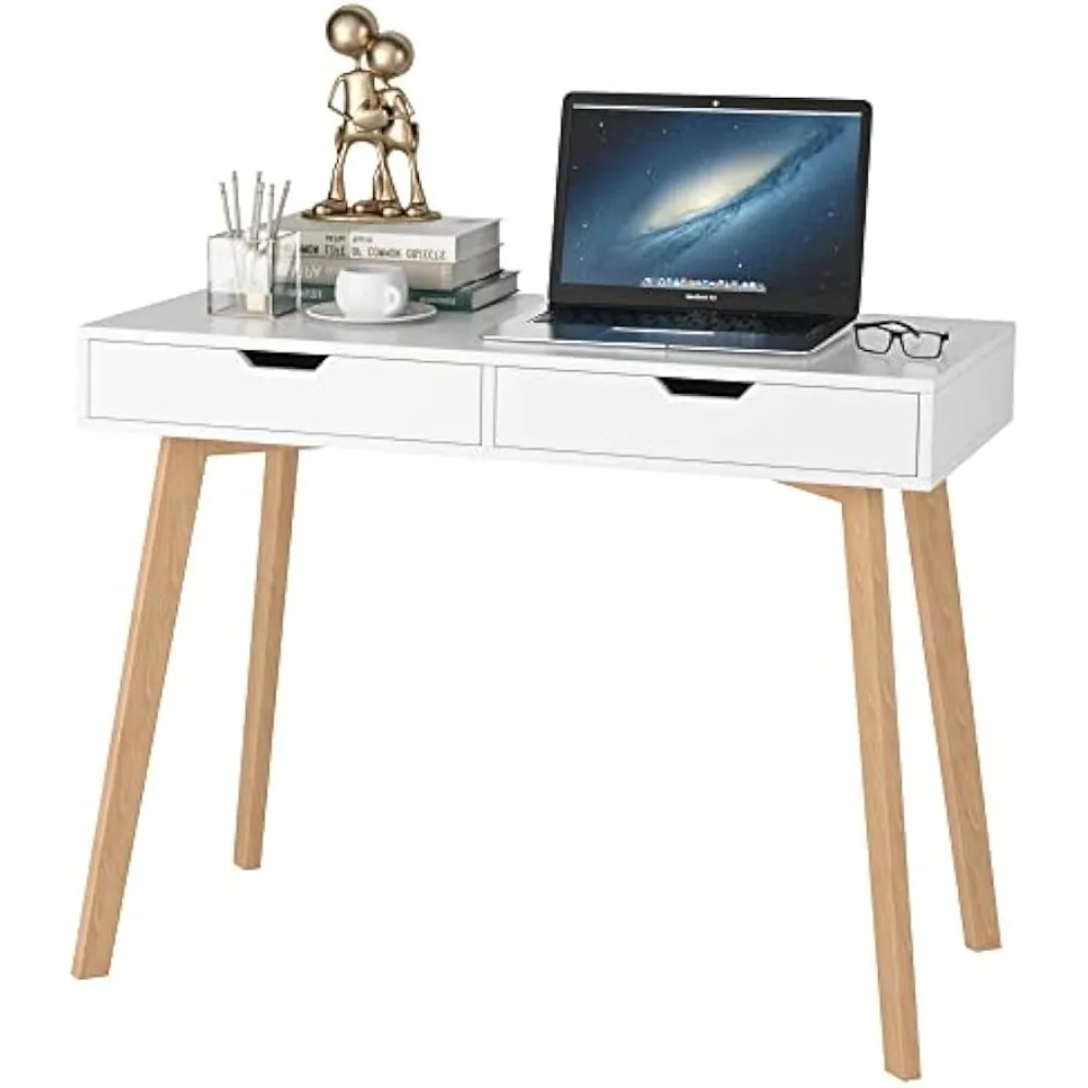 White Computer Writing Desk with 2 Drawers, Small Desk Makeup Vanity Table Wood Desk with 4 Oak Legs