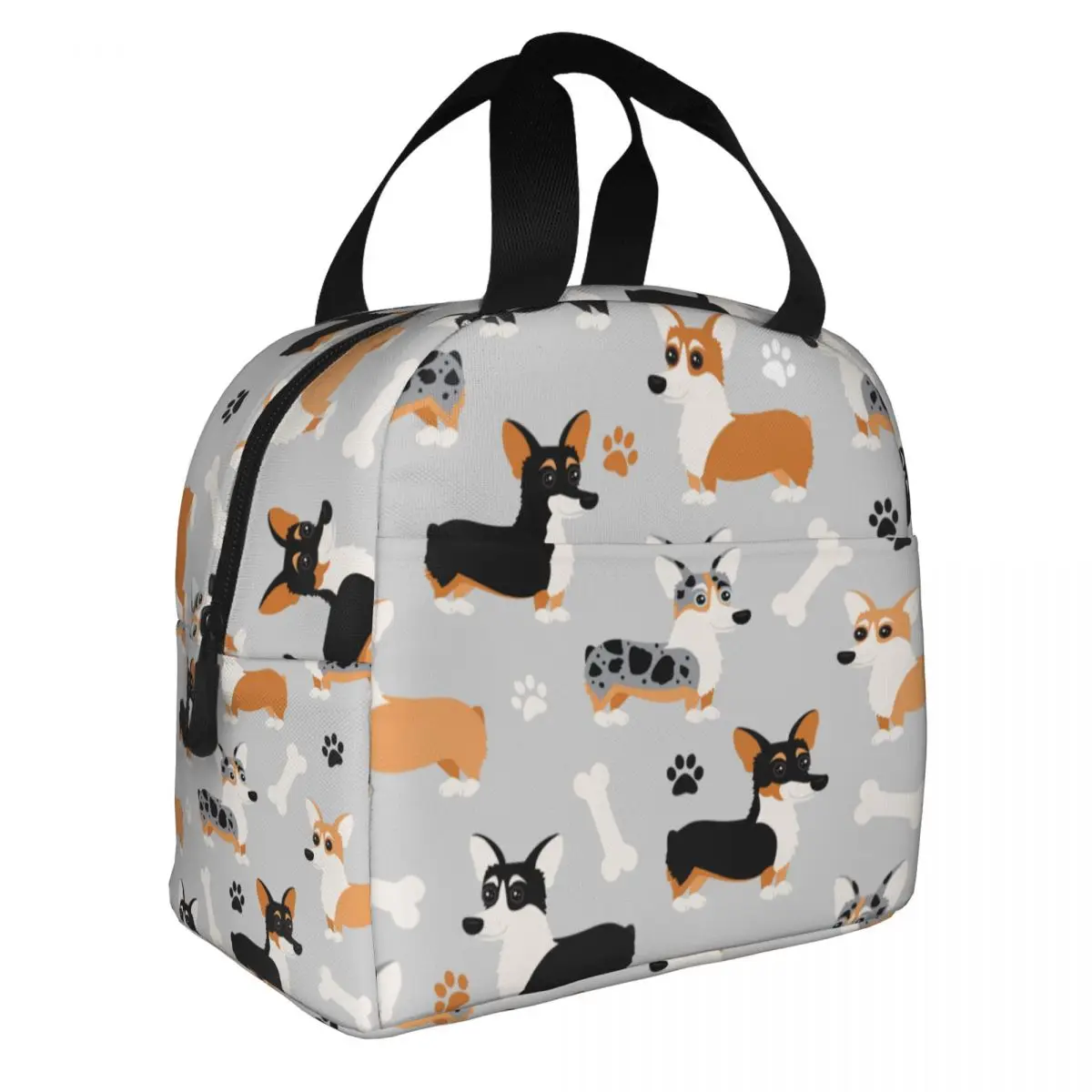 Cute Corgi Pattern Gray Lunch Bags Portable Insulated Oxford Cooler Bags Dog Thermal Cold Food Picnic Tote for Women Girl