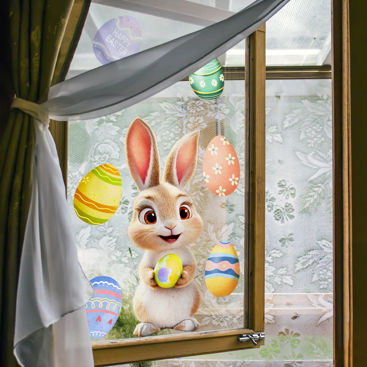 Happy Easter Window Stickers cute Rabbit Eggs Carrot Electrostatic Glass Sticker Easter Decorations for Home Bunny Wall Decals
