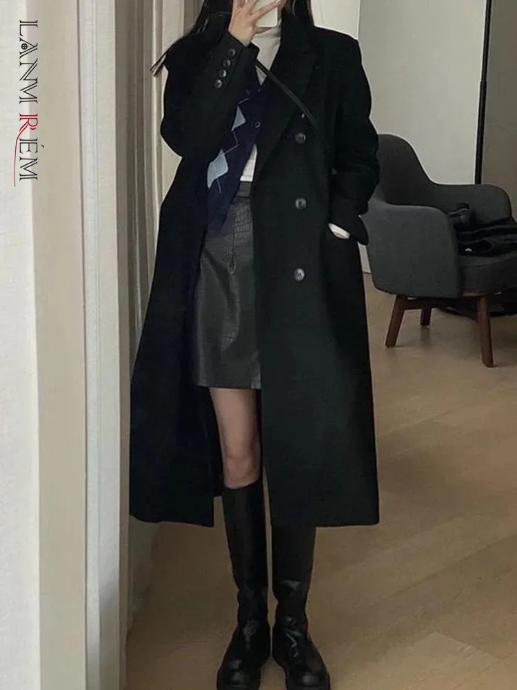 

Женское шерстяное пальто LANMREM, черное двубортное длинное пальто с отложным воротником, модная зимняя одежда 2023, 2AA4237