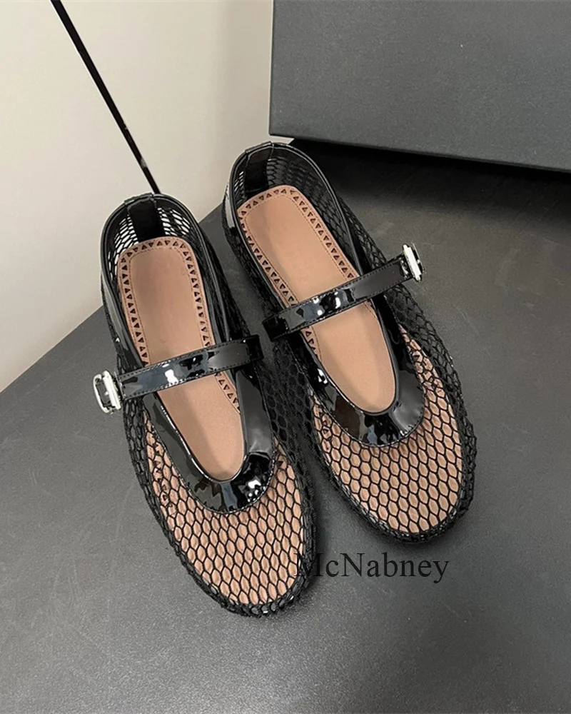 

Black Mesh Spring And Autumn Hollow Flat Round Toe Women Pumps Shoes Concise Style Buckle Strap Mary Jane Fishing Net Shoes