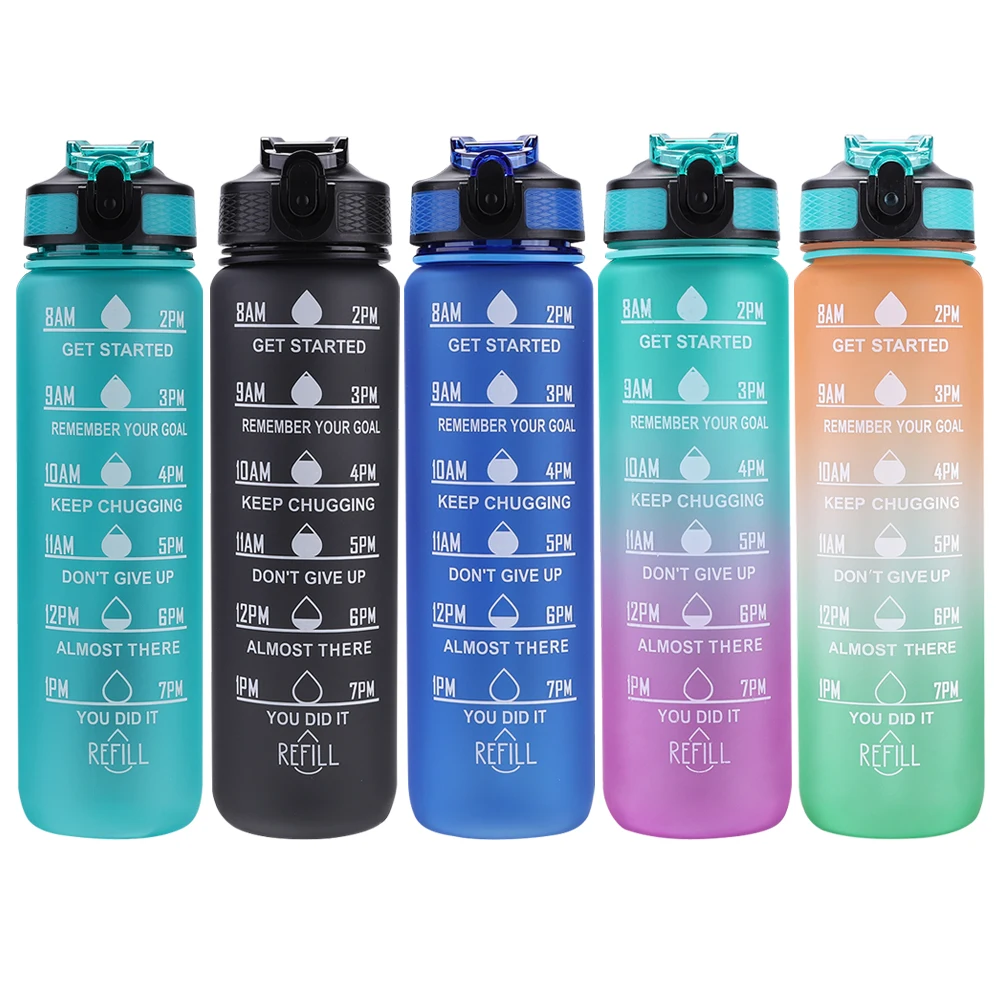 1000ml Sports Water Bottle Leakproof Straw Water Bottle BPA-Free Portable Drinking Cup with Time Scale for Fitness Cycling