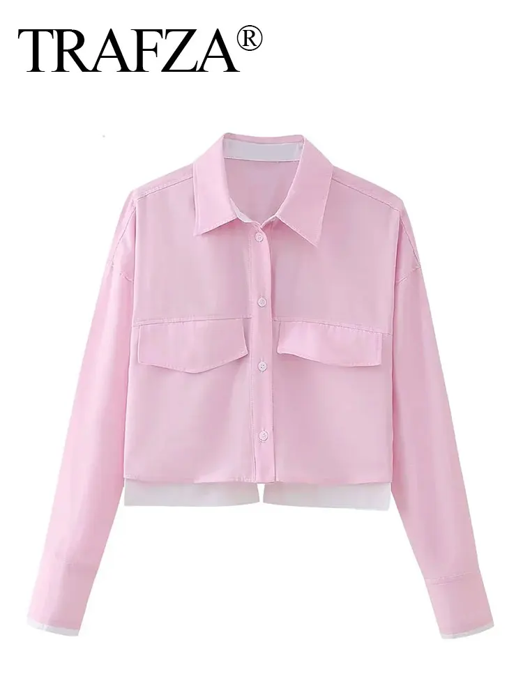 HH Women Elegant Solid Sweet Patchwork Blouse Single Breasted Long Sleeve Shirt 2024 New Fashion Female Chic Cropped Top