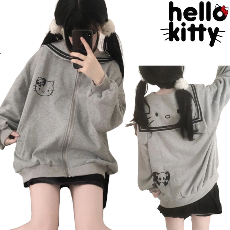 Hello Kitty Hoodie Kawaii Women Zip Up Hoodies Fashion Girl Long