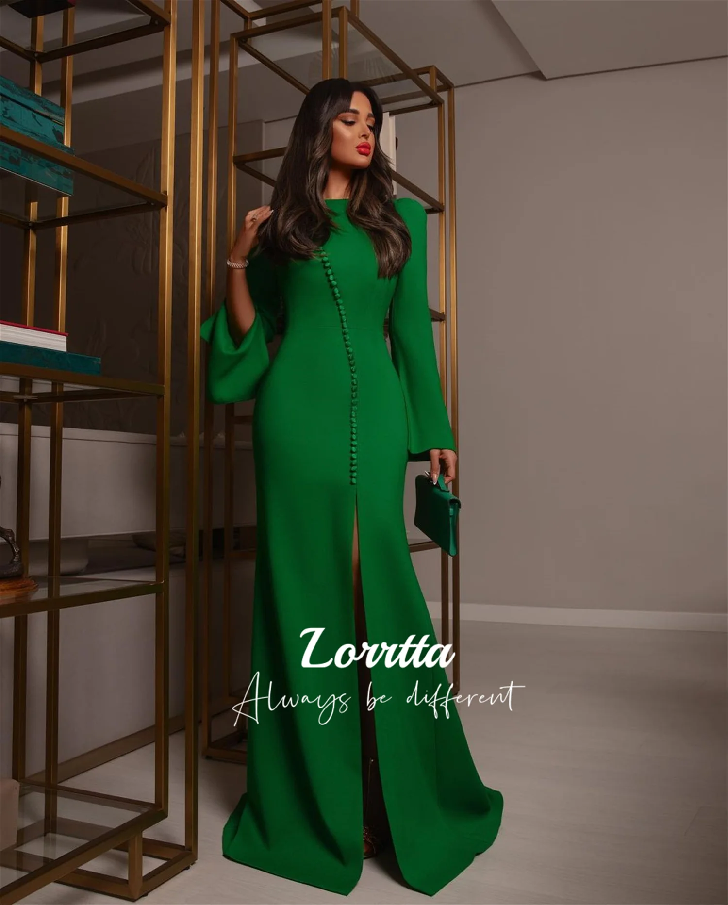 

Lorrtta Retro Green Side Slit Buttons Bell Sleeves Mermaid Skirt Sexy Evening Gowns for Women Elegant and Pretty Women's Dresses