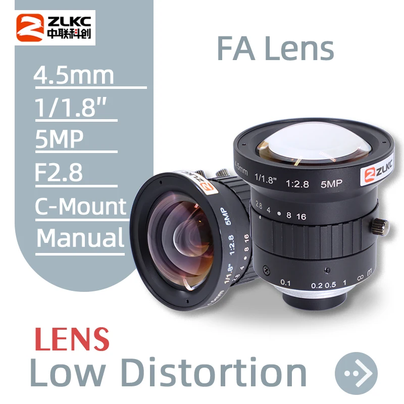 

ZLKC 4.5mm Wide Angle Lens FA 1/1.8 Inch 5MP C Mount F2.8 Manual Iris CCTV Machine Vision for 4K Industrial Camera