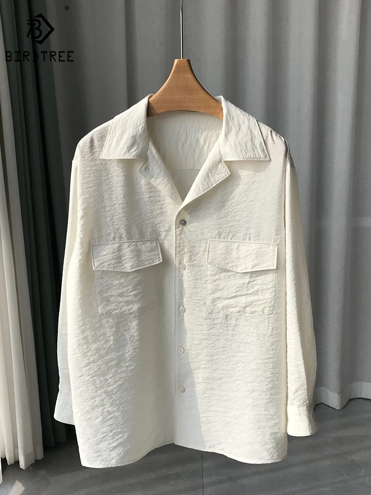 

BirdTree 77.8%Real Silk Commute Shirt,Polo Neck Solid Long Sleeve,Loose Simple Versatile Temperament Blouse Spring T41560QD