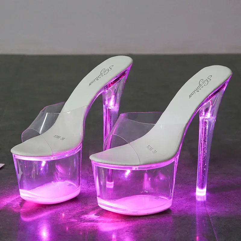 17CM Super High Nightclub High Heels Transparent Platform Luminous Slippers Women Slippers Women High Heels Platform High Heels Sandals for Catwalk Pole Dance