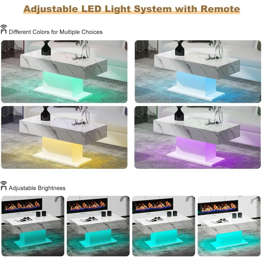 Led Coffee Table for Living Room, Living Room Table Rectangular Center Table, Modern High Glossy Wooden Coffee Tables with 16 Co 4