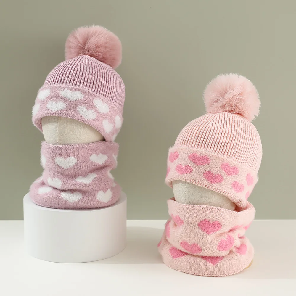 New Love Heart Style Fleece Girls Hat Scarf Set Autumn Winter Thick Velvet Children's Wool Knitted Hat Scarf Set