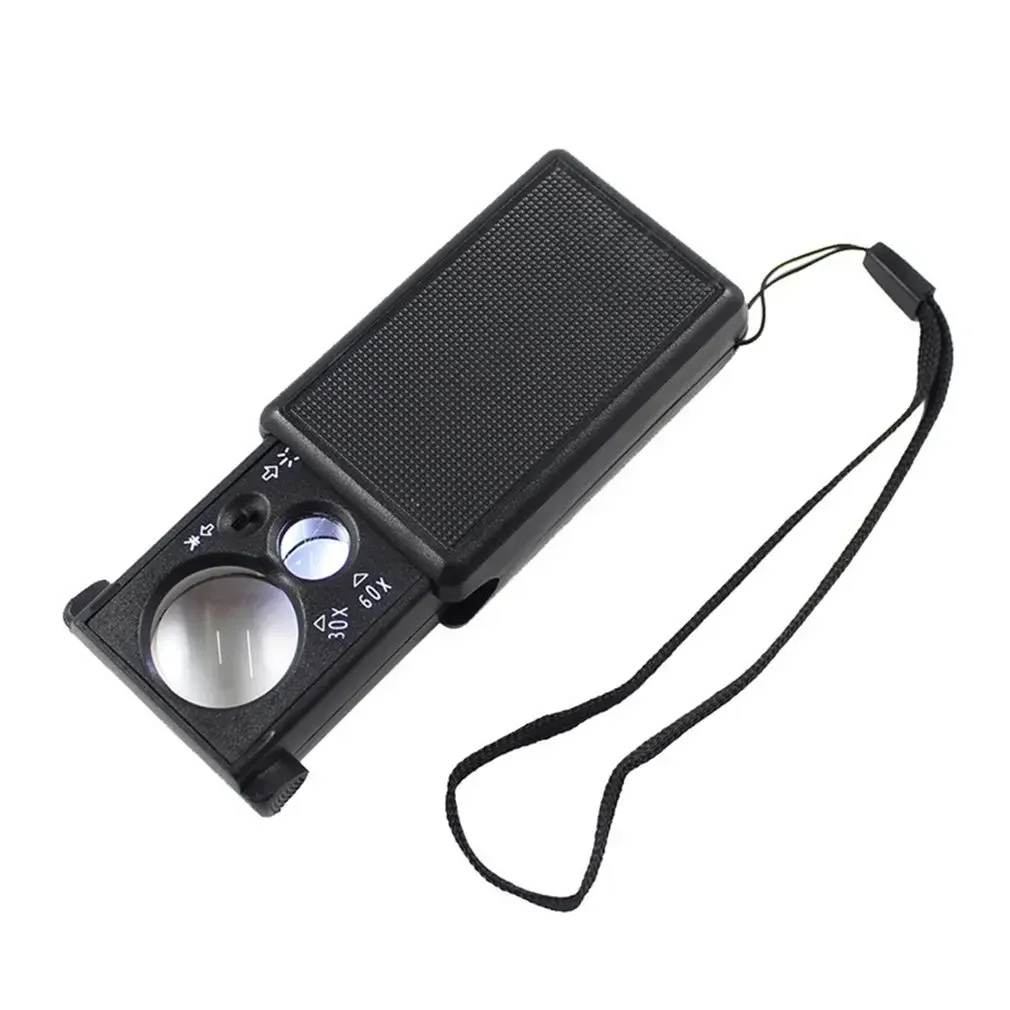30X 60X Pull-type Jewelry Magnifier Mini Pocket Hand Magnifying Glass Portable Microscope Loupe Optical Lens Tool LED Light