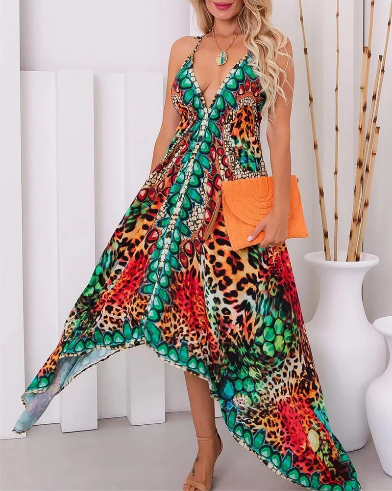

2023 Summer New Women's Casual Vacation Long Dresses Sexy Hanging Neck Deep V Irregular Hem Print Dresses