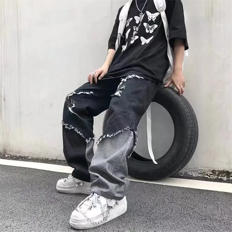 

2023 New Mens Jeans Pants With Hole Casual Vintage Straight Leg Korean Fashion Streetwear Harajuku Trousers