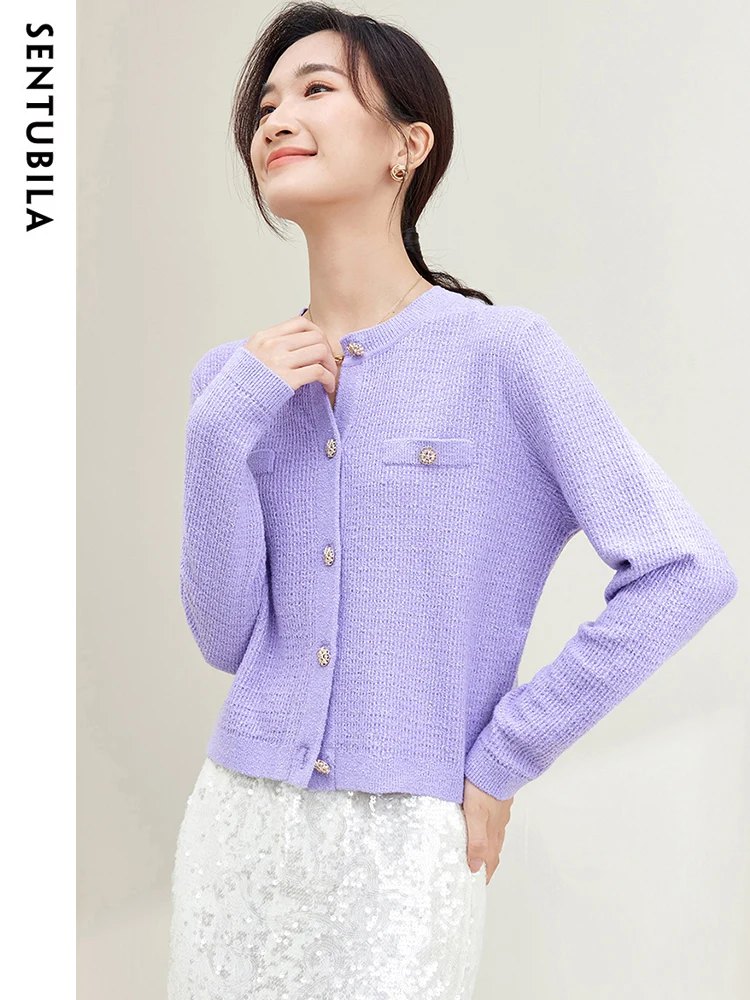 

SENTUBILA Women's Round Neck Sweater Cardigan 2024 Spring Autumn Elegant Fashion Simple Jumpers Knitted Versatile Tops W33E51111