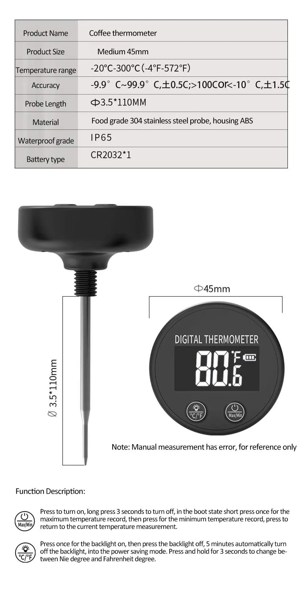 Description Picture 5 of item-20-300°C Food Thermometer Milk Tea Coffee Thermometer Stainless Steel Sensor Waterproof Temperature Tester Kitchen Accessories