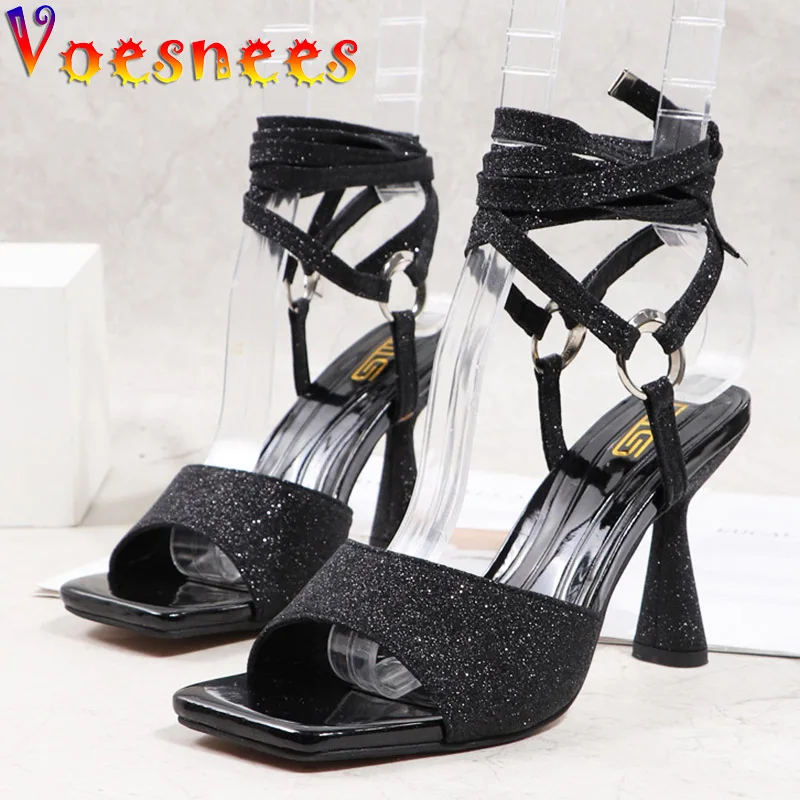 

Luxury Sequin Fairy Style Summer Women Shoes Model Fashion Show 2022 Square Toe Sandals Ankle Strappy Sexy High Heels Prom Pumps