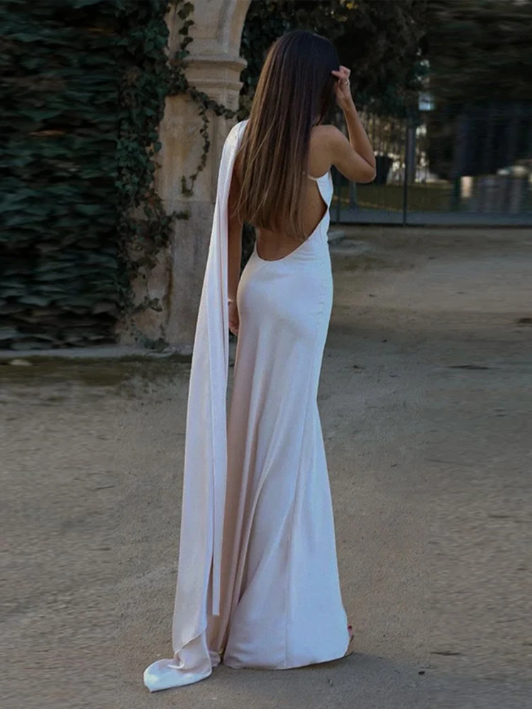 Chic Solid Satin Halter Maxi Dress Women New Sexy Backless Sleeveless Long Dresses With Scarf  Lady Evening Club Party Vestidos 6