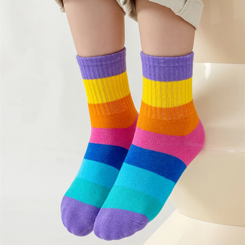 5 Pairs/Lot Children's Rainbow Socks Spring Autumn Coft Cotton Cute 7 Color Rainbow Stripes Boys Girls Sports Tube Socks to 1-12 - Image 5