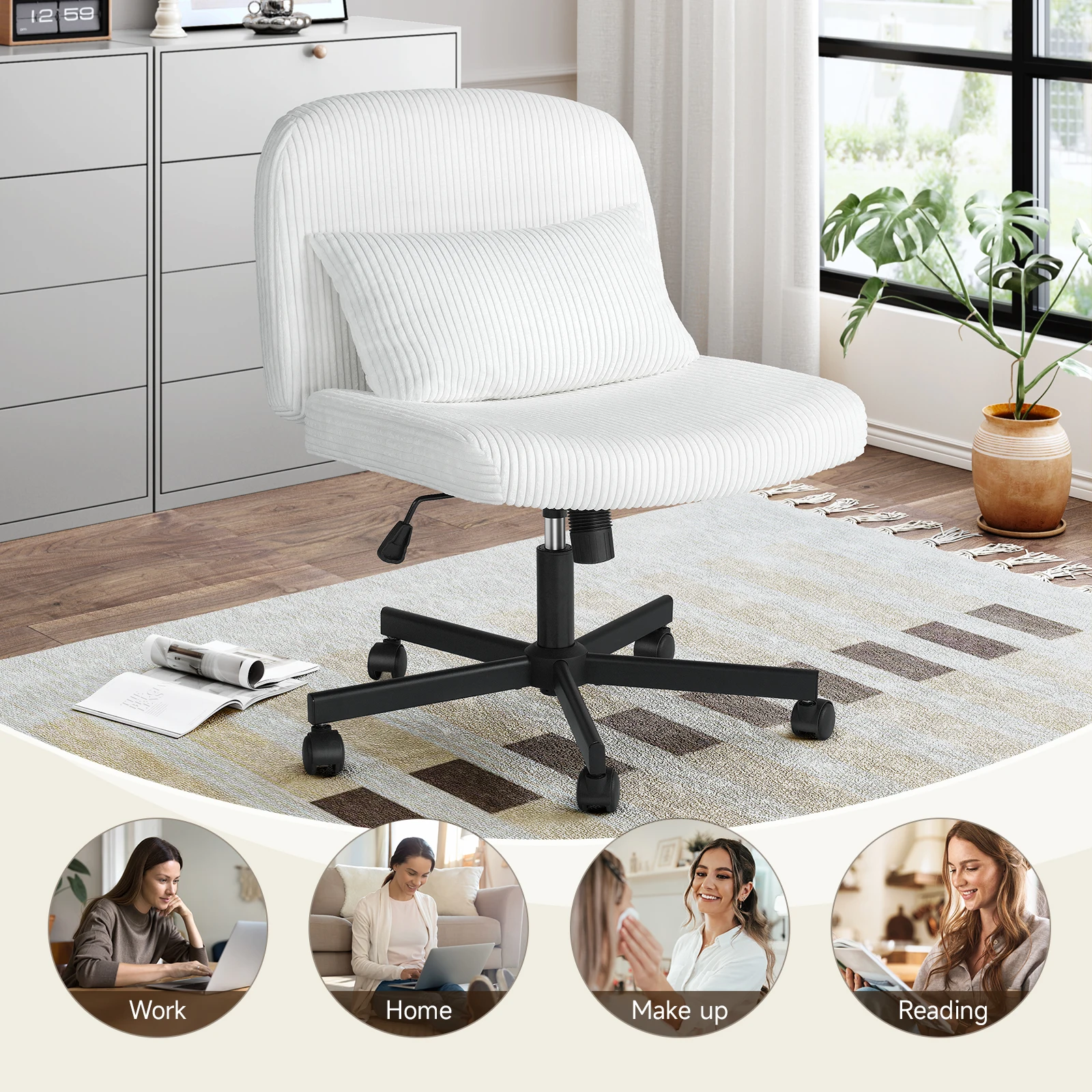 Massage Cross Leg Office Chair w/ Double Layer Sponge Cushion,Corduroy/Pearl Velvet Wide Armrest Desk Chair Mid Back Adjustable 5