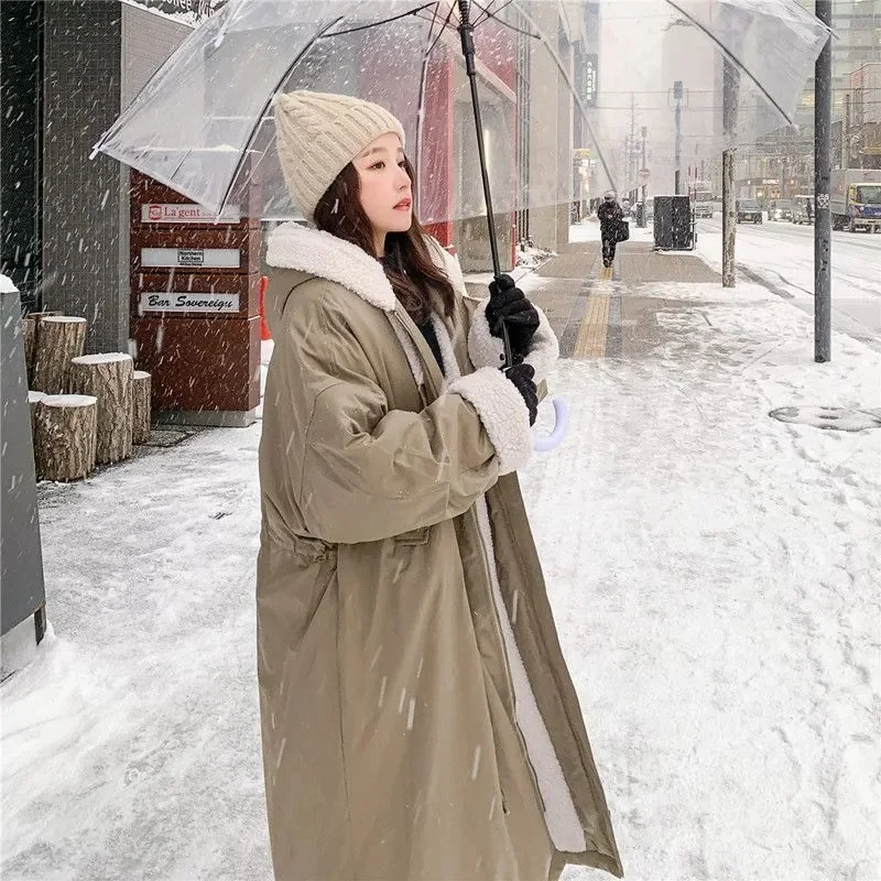 Lamb Wool Padded Female Korean Version Loose 2022 New Winter Long Plus Cashmere Parker Padded Clothing ins Tooling Female Coat X