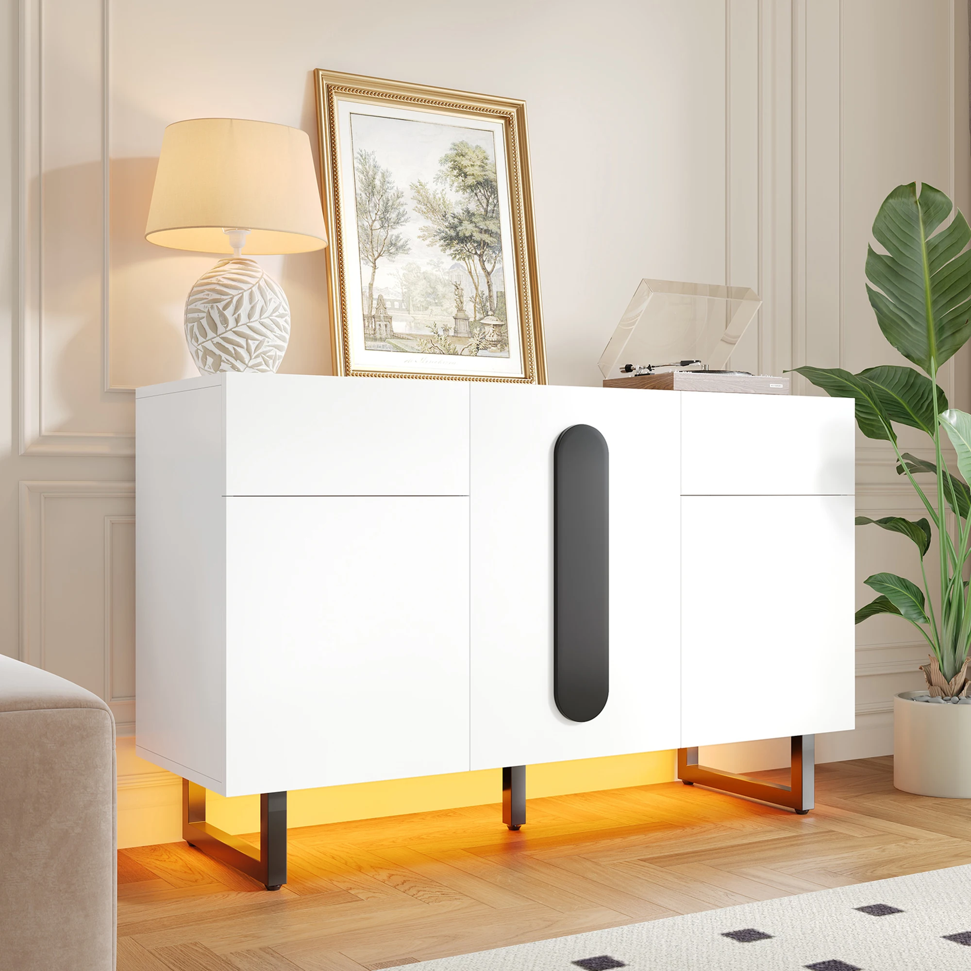LVHOM Modernes Sideboard, 120 l x 40,5 B x 75 H, 3 Türen, schwarze Griffe mit Metallbeinen, geeignet für Wohnzimmer und Küche, weiße Oberfläche – Detail 1