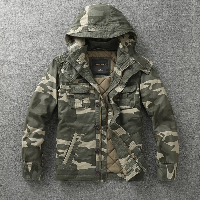 Men Jacket Denim Retro Cargo Hooded Jacketes Outdoor Multi Pockets Camo Tops Field Casual Fashion Hiking Coats Uniform 2
