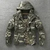 Men Jacket Denim Retro Cargo Hooded Jacketes Outdoor Multi Pockets Camo Tops Field Casual Fashion Hiking Coats Uniform 2