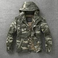 Men Jacket Denim Retro Cargo Hooded Jacketes Outdoor Multi Pockets Camo Tops Field Casual Fashion Hiking Coats Uniform 2