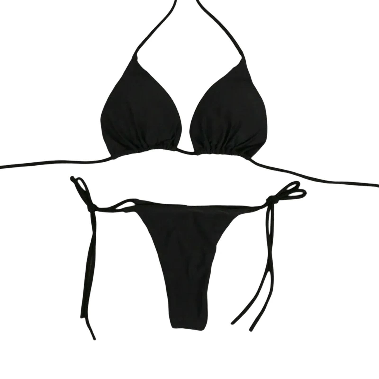 Sexy Women Swimsuit Thong Bikini Set Side Lace-Up Bandage Neck Tie Swimwear Adjustable Beachwear Solid Underwear