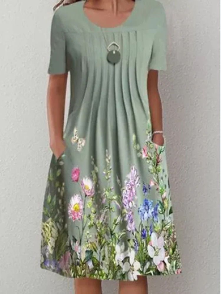 Summer Short Sleeve Floral Printing Vintage Dresses For Women 2023 Female Clothing Loose Beach Elegant Large Swing Midi Dress