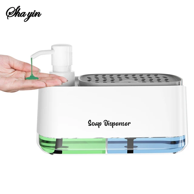 ชุดจ่ายสบู่ล้างมือและล้างจาน 3-in-1 พร้อมที่วางฟองน้ำ ที่ปั๊มสบู่แบบคู่สำหรับอ่างล้างจานในครัว 6