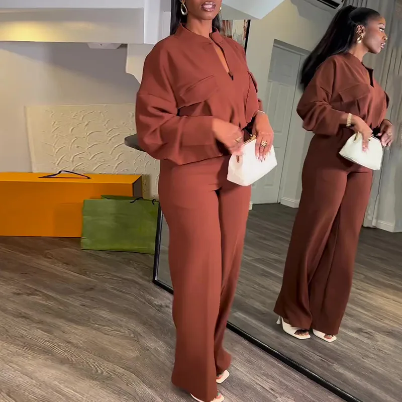 Spring New Leisure V-neck Long-sleeved Blouse Wide Leg Trousers Suit  Early Autumn New Long-sleeved Two-piece Set Fashion