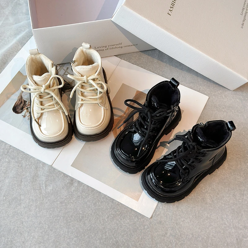 Girls Winter Cotton Boots Black Beige Round Toe Platform