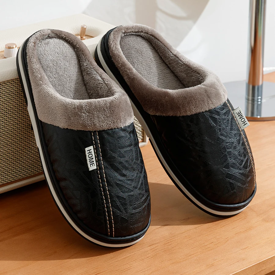 Pu Lederen Grote Maten Mannen Slippers Indoor Waterdicht Bont Platte Heren Winter Thuis Slipper Katoenen Slaapkamer Huisschoenen