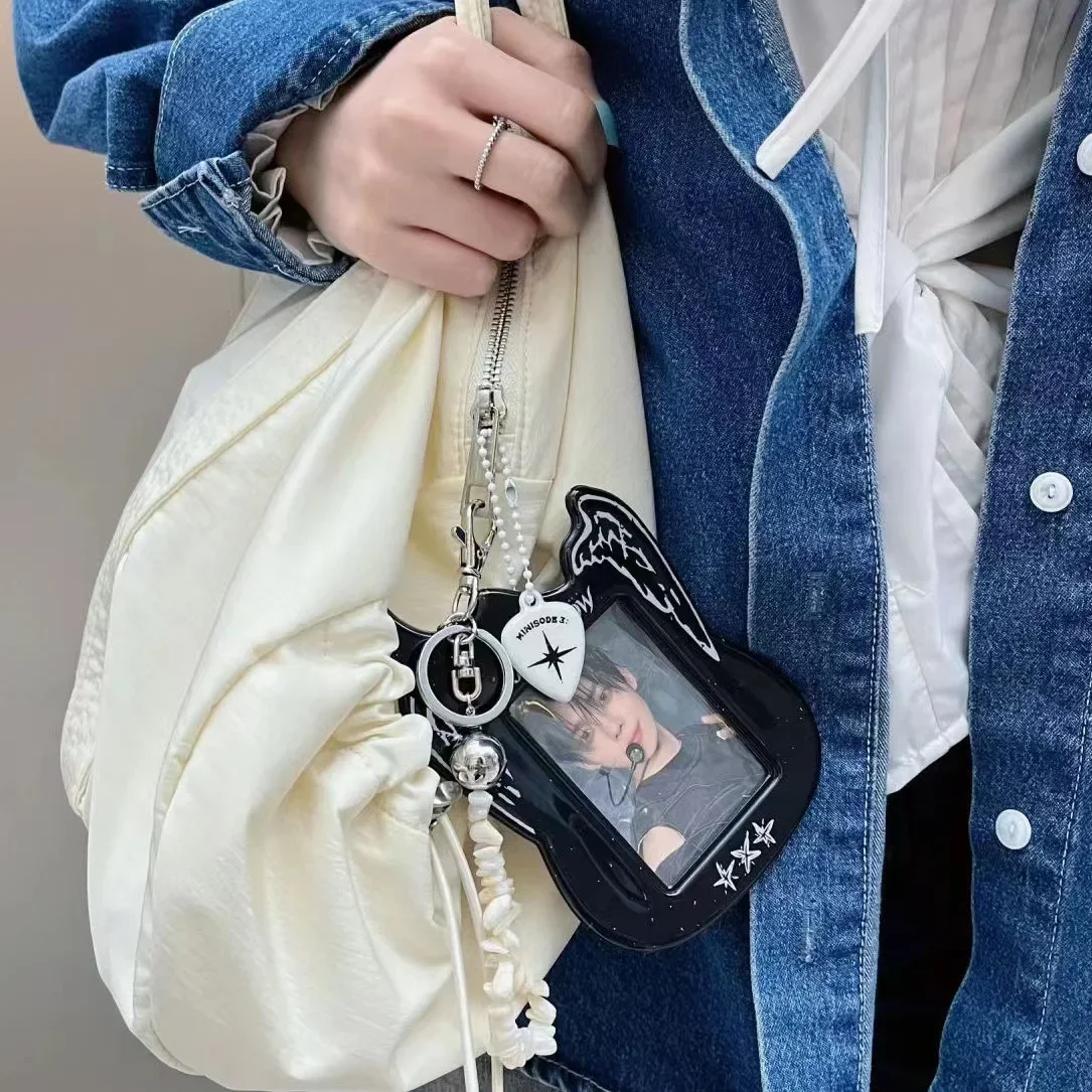 Korean Y2K Black Cool Guitar PVC Card Holder Kpop Idol 3-inch Photocard Hollow Display Pendant Bag Keychian ID Bus Card Case