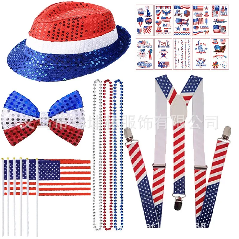

American Independence Day 4th of July USA Flag American Caps Uncle Sam's Hat Sequin Bow Tie Independence Day Party Decor